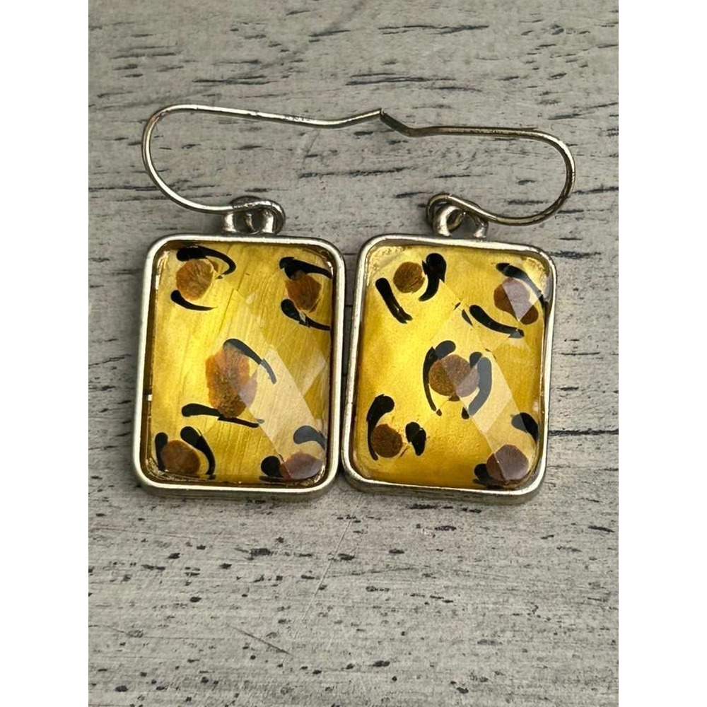 Yellow Leopard Print Rectangular Drop Earrings Silver Tone Animal Print Hooks